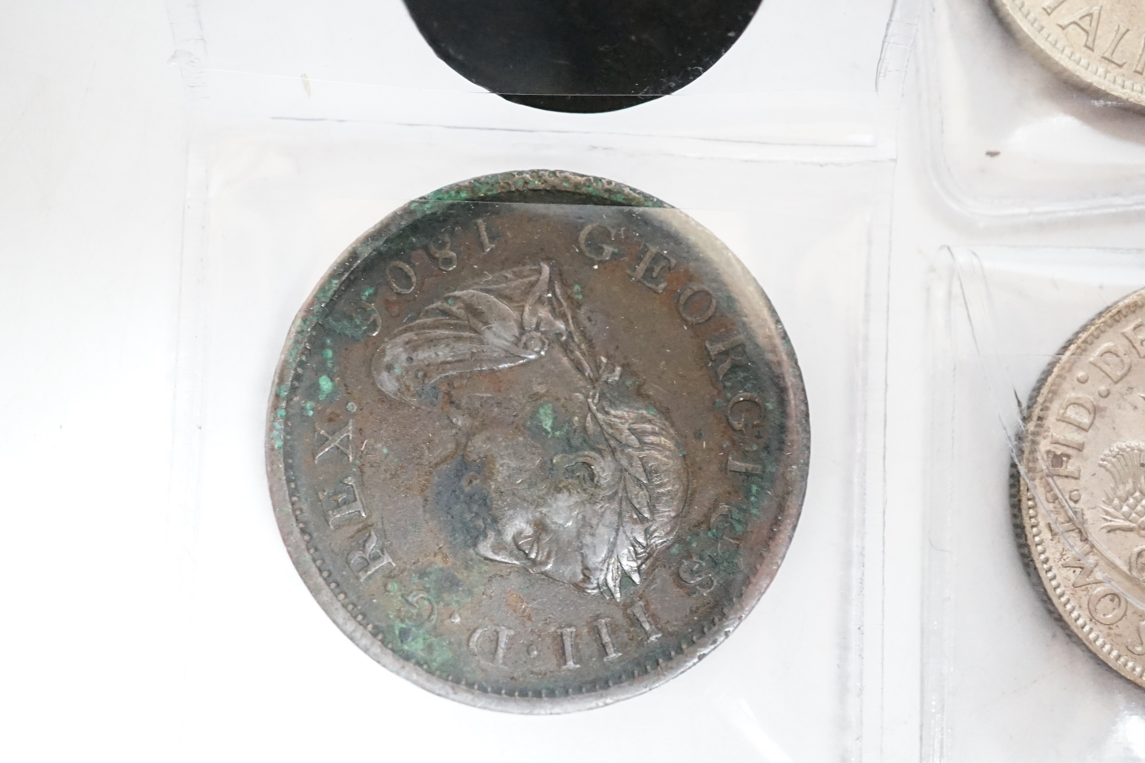 UK coins, 1938 and 1942 half crowns, 1736 farthing, 1806 penny, 1942 and a ZuidAfrica 2 shillings